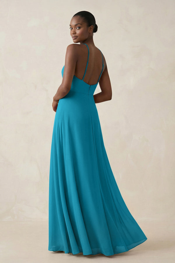 Sheath Halter Chiffon Bridesmaid Dress with Slit in Blue Jay - KissProm Bridesmaid Dresses