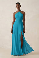 Sheath Halter Chiffon Bridesmaid Dress with Slit in Blue Jay - KissProm Bridesmaid Dresses