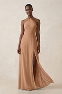Sheath Halter Chiffon Bridesmaid Dress with Slit in Bronzer - KissProm Bridesmaid Dresses