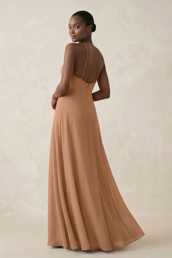 Sheath Halter Chiffon Bridesmaid Dress with Slit in Bronzer - KissProm Bridesmaid Dresses