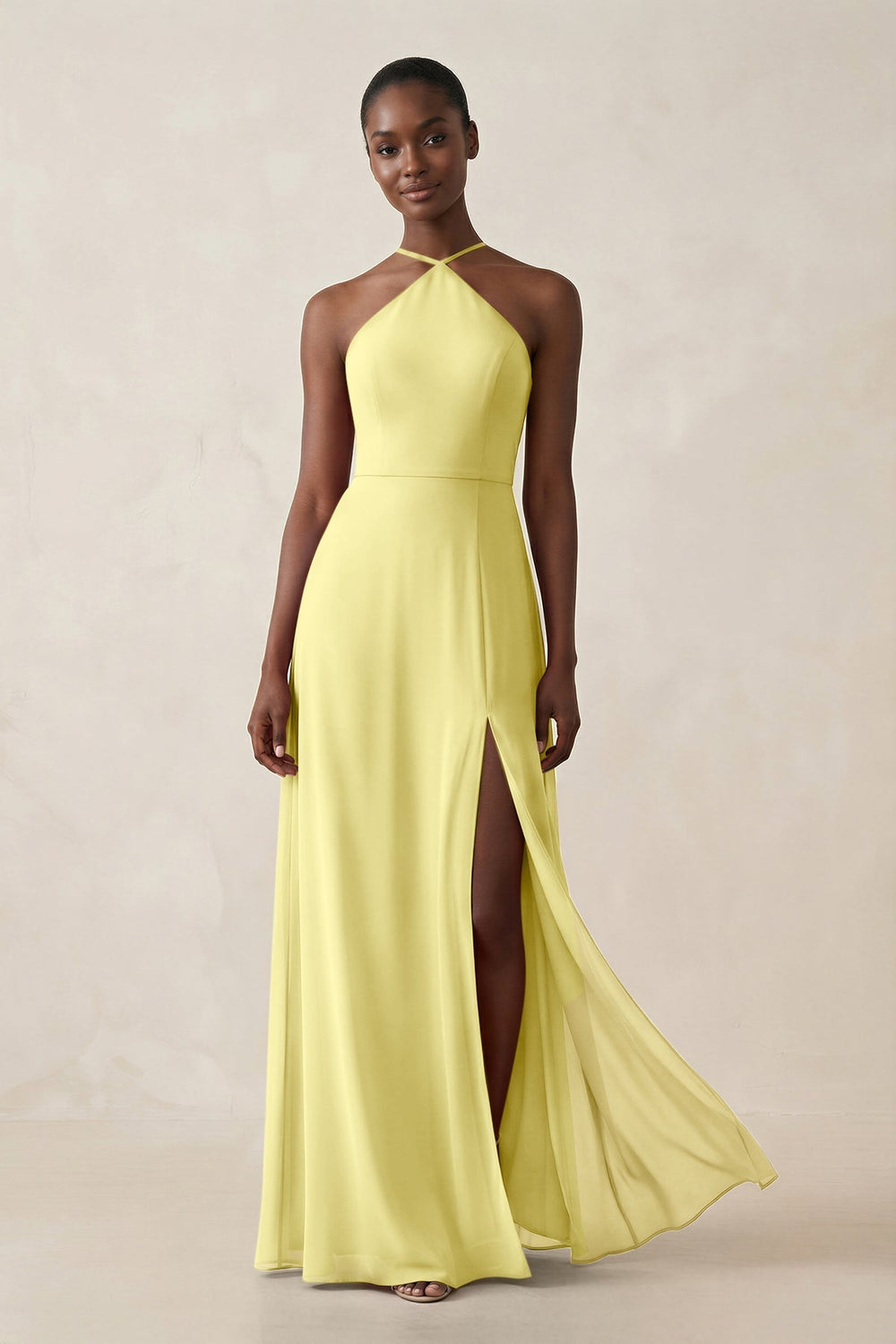 Sheath Halter Chiffon Bridesmaid Dress with Slit in Buttercup - KissProm Bridesmaid Dresses