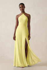 Sheath Halter Chiffon Bridesmaid Dress with Slit in Buttercup - KissProm Bridesmaid Dresses