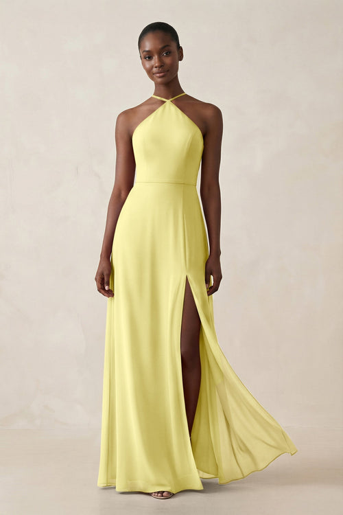 Sheath Halter Chiffon Bridesmaid Dress with Slit in Buttercup - KissProm Bridesmaid Dresses