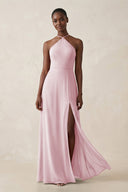 Sheath Halter Chiffon Bridesmaid Dress with Slit in Candy Pink - KissProm Bridesmaid Dresses