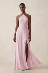 Sheath Halter Chiffon Bridesmaid Dress with Slit in Candy Pink - KissProm Bridesmaid Dresses
