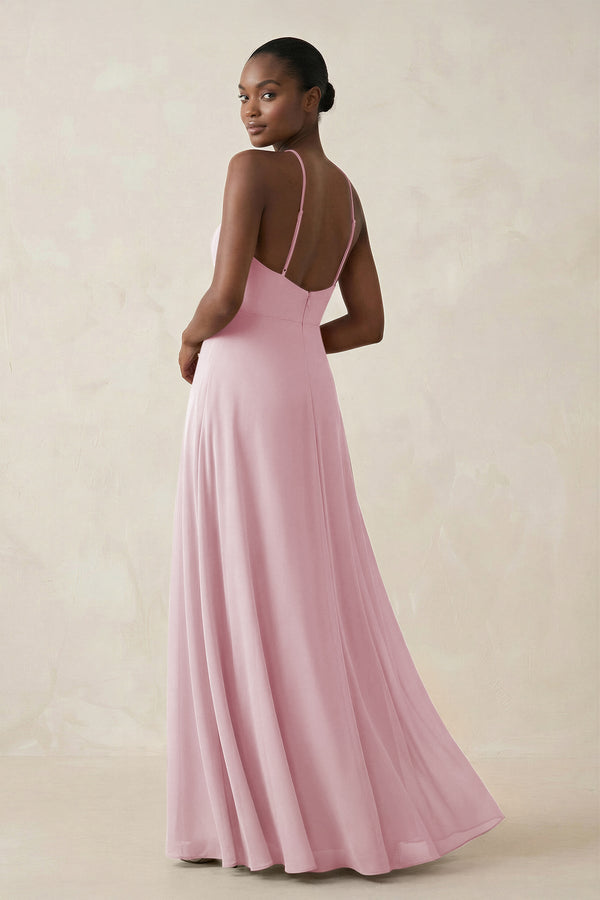 Sheath Halter Chiffon Bridesmaid Dress with Slit in Candy Pink - KissProm Bridesmaid Dresses