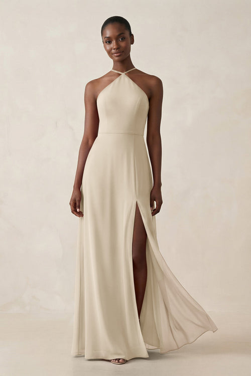 Sheath Halter Chiffon Bridesmaid Dress with Slit in Champagne - KissProm Bridesmaid Dresses