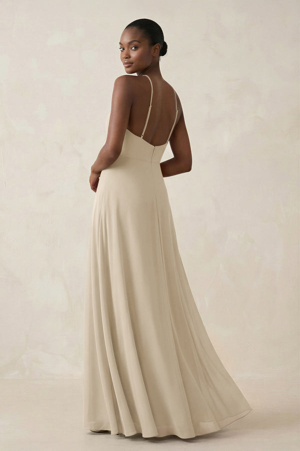 Sheath Halter Chiffon Bridesmaid Dress with Slit in Champagne - KissProm Bridesmaid Dresses
