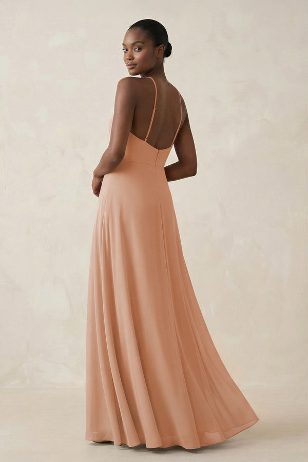 Sheath Halter Chiffon Bridesmaid Dress with Slit in Champagne Rose - KissProm Bridesmaid Dresses