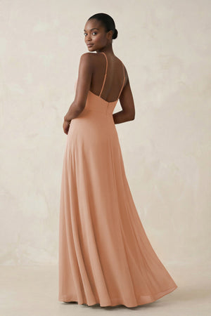 Sheath Halter Chiffon Bridesmaid Dress with Slit in Champagne Rose - KissProm Bridesmaid Dresses