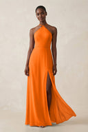 Sheath Halter Chiffon Bridesmaid Dress with Slit in Cinnamon - KissProm Bridesmaid Dresses