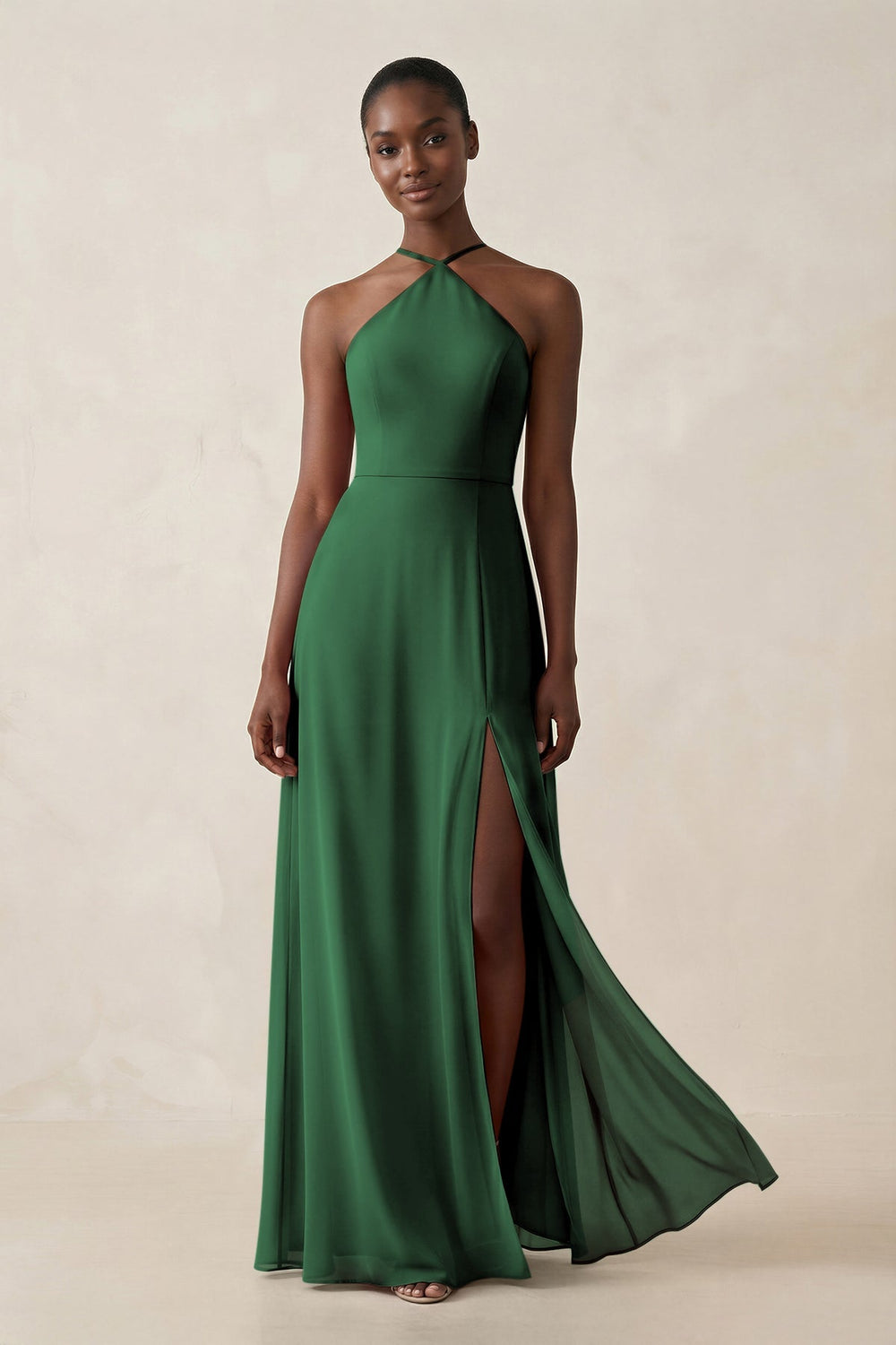 Sheath Halter Chiffon Bridesmaid Dress with Slit in Dark Green - KissProm Bridesmaid Dresses