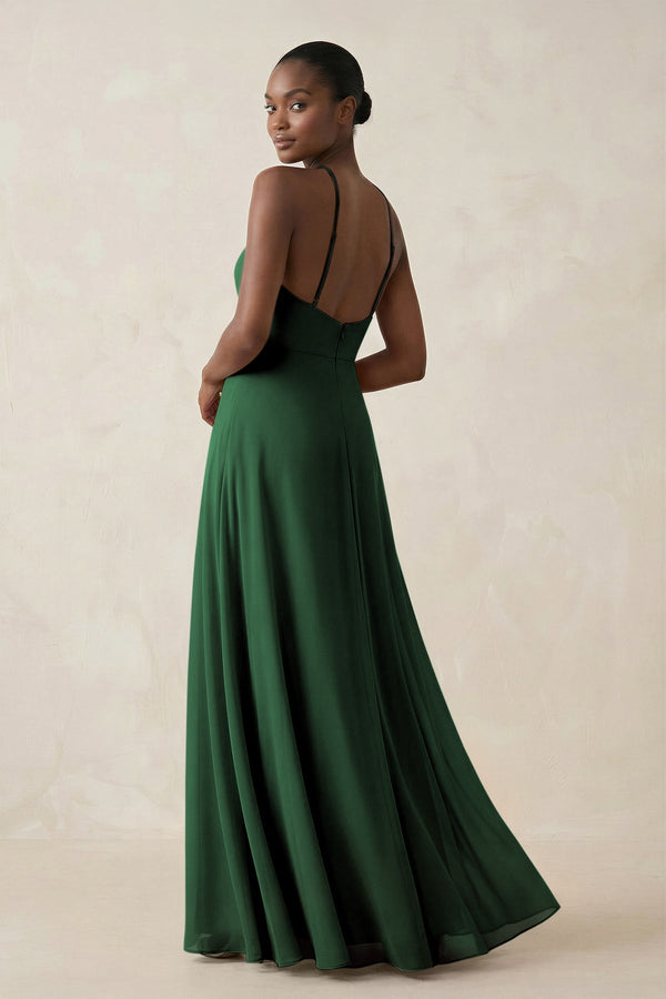 Sheath Halter Chiffon Bridesmaid Dress with Slit in Dark Green - KissProm Bridesmaid Dresses