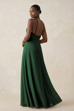 Sheath Halter Chiffon Bridesmaid Dress with Slit in Dark Green - KissProm Bridesmaid Dresses