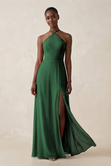 Sheath Halter Chiffon Bridesmaid Dress with Slit in Dark Green - KissProm Bridesmaid Dresses