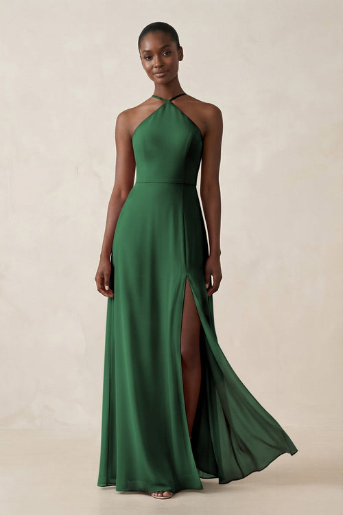 Sheath Halter Chiffon Bridesmaid Dress with Slit in Dark Green - KissProm Bridesmaid Dresses