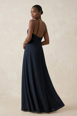 Sheath Halter Chiffon Bridesmaid Dress with Slit in Dark Navy - KissProm Bridesmaid Dresses