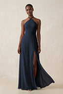 Sheath Halter Chiffon Bridesmaid Dress with Slit in Dark Navy - KissProm Bridesmaid Dresses