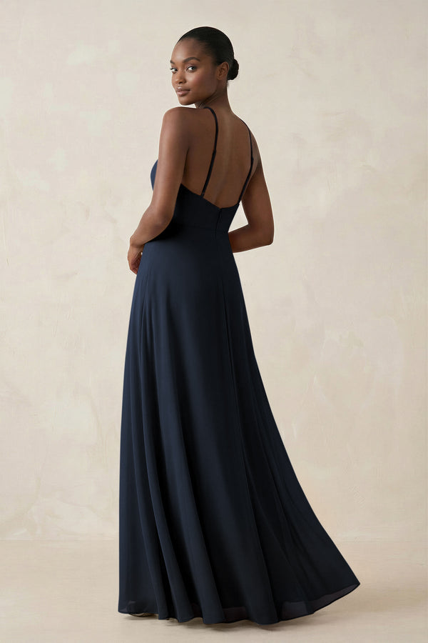 Sheath Halter Chiffon Bridesmaid Dress with Slit in Dark Navy - KissProm Bridesmaid Dresses