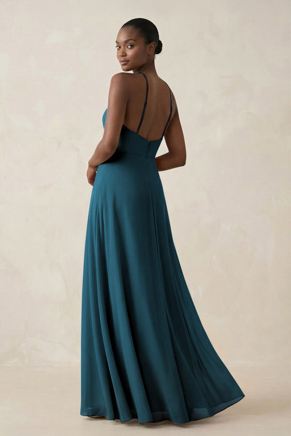 Sheath Halter Chiffon Bridesmaid Dress with Slit in Dark Teal - KissProm Bridesmaid Dresses