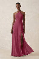 Sheath Halter Chiffon Bridesmaid Dress with Slit in Desert Rose - KissProm Bridesmaid Dresses