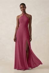 Sheath Halter Chiffon Bridesmaid Dress with Slit in Desert Rose - KissProm Bridesmaid Dresses