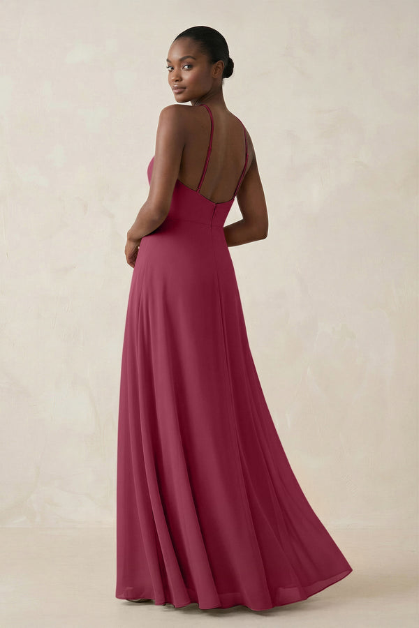 Sheath Halter Chiffon Bridesmaid Dress with Slit in Desert Rose - KissProm Bridesmaid Dresses