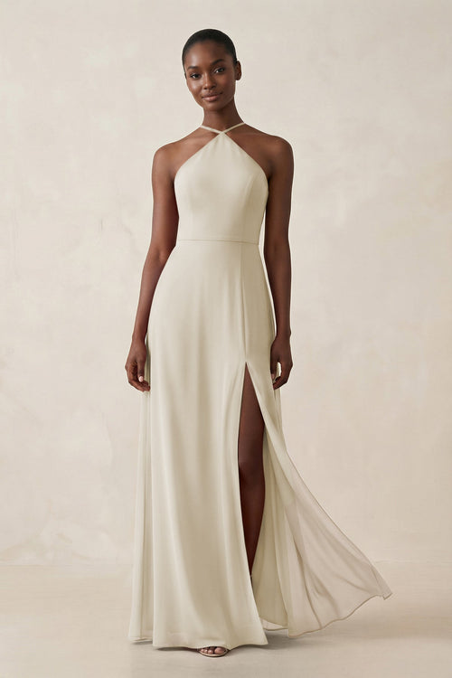 Sheath Halter Chiffon Bridesmaid Dress with Slit in Dove Gray - KissProm Bridesmaid Dresses