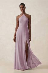 Sheath Halter Chiffon Bridesmaid Dress with Slit in Dusk - KissProm Bridesmaid Dresses
