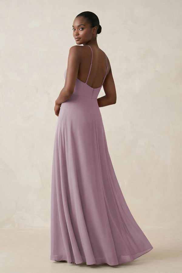 Sheath Halter Chiffon Bridesmaid Dress with Slit in Dusk - KissProm Bridesmaid Dresses