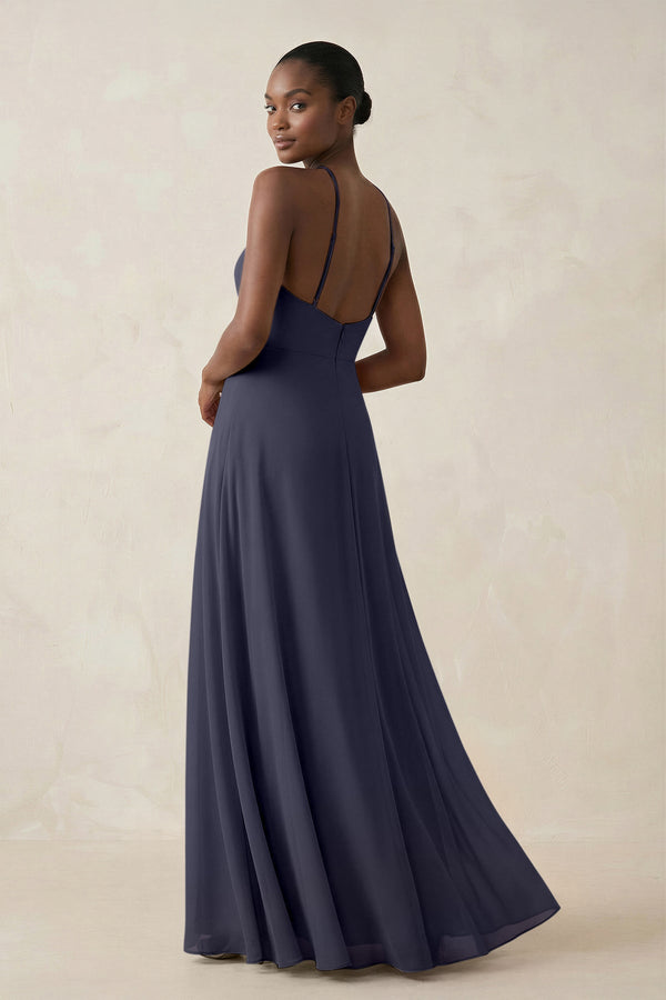 Sheath Halter Chiffon Bridesmaid Dress with Slit in Dusk Blue - KissProm Bridesmaid Dresses