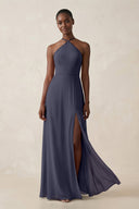 Sheath Halter Chiffon Bridesmaid Dress with Slit in Dusk Blue - KissProm Bridesmaid Dresses
