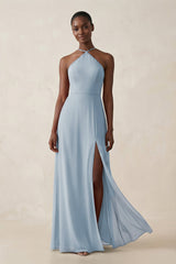 Sheath Halter Chiffon Bridesmaid Dress with Slit in Dusty Blue - KissProm Bridesmaid Dresses