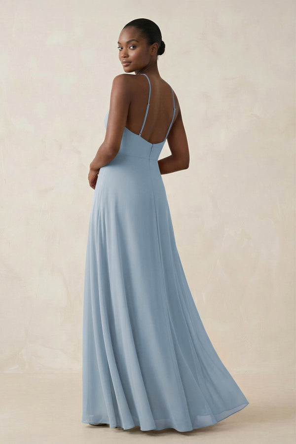 Sheath Halter Chiffon Bridesmaid Dress with Slit in Dusty Blue - KissProm Bridesmaid Dresses