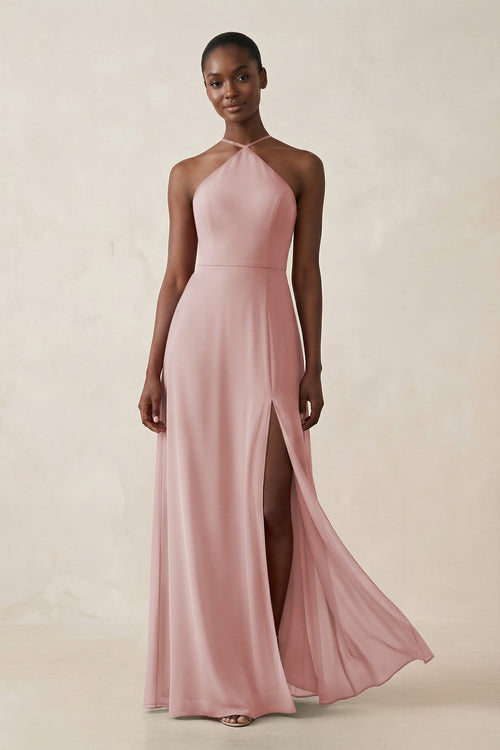 Sheath Halter Chiffon Bridesmaid Dress with Slit in Dusty Rose - KissProm Bridesmaid Dresses