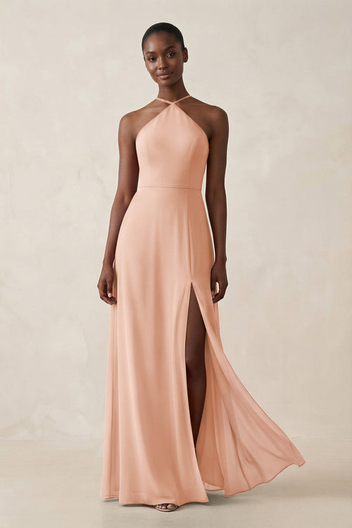 Sheath Halter Chiffon Bridesmaid Dress with Slit in English Rose - KissProm Bridesmaid Dresses
