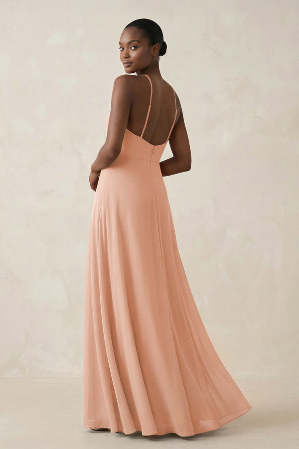 Sheath Halter Chiffon Bridesmaid Dress with Slit in English Rose - KissProm Bridesmaid Dresses