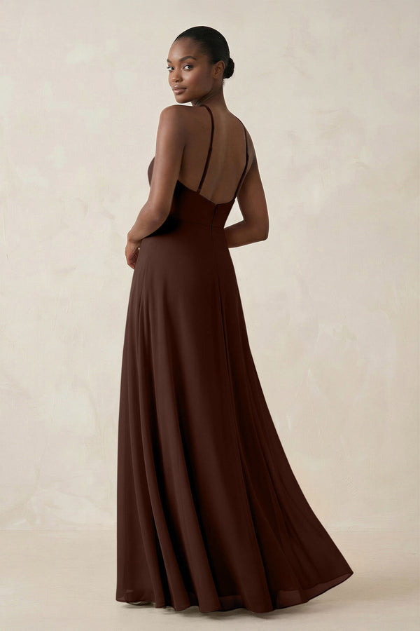 Sheath Halter Chiffon Bridesmaid Dress with Slit in Espresso - KissProm Bridesmaid Dresses