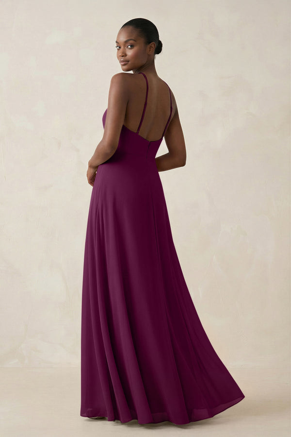 Sheath Halter Chiffon Bridesmaid Dress with Slit in Fig - KissProm Bridesmaid Dresses