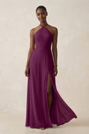 Sheath Halter Chiffon Bridesmaid Dress with Slit in Fig - KissProm Bridesmaid Dresses