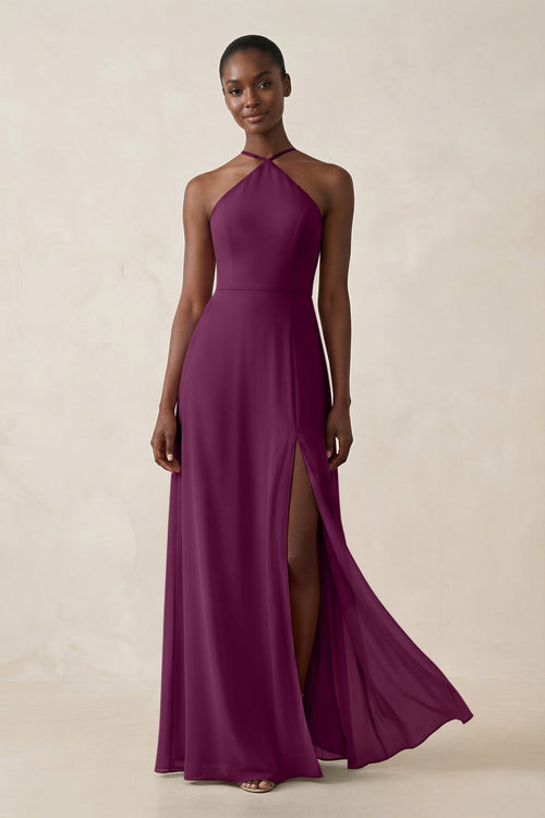 Sheath Halter Chiffon Bridesmaid Dress with Slit in Fig - KissProm Bridesmaid Dresses