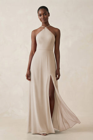 KissProm Sheath Halter Chiffon Bridesmaid Dress with Slit in Frost, Frost / 14