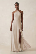 Sheath Halter Chiffon Bridesmaid Dress with Slit in Frost - KissProm Bridesmaid Dresses