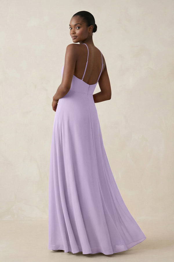 Sheath Halter Chiffon Bridesmaid Dress with Slit in Lavender - KissProm Bridesmaid Dresses