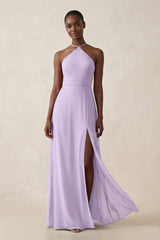Sheath Halter Chiffon Bridesmaid Dress with Slit in Lavender - KissProm Bridesmaid Dresses
