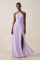 Sheath Halter Chiffon Bridesmaid Dress with Slit in Lavender - KissProm Bridesmaid Dresses