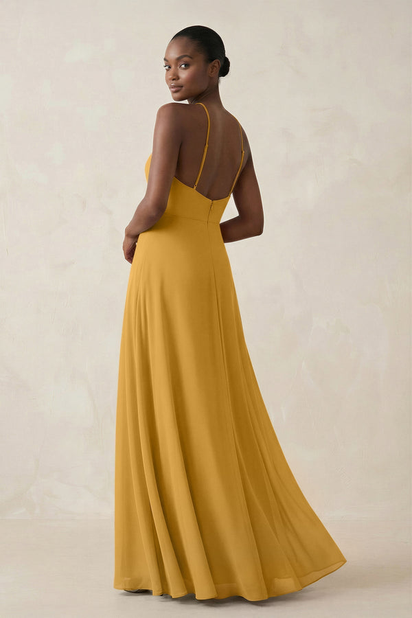 Sheath Halter Chiffon Bridesmaid Dress with Slit in Marigold - KissProm Bridesmaid Dresses