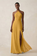 Sheath Halter Chiffon Bridesmaid Dress with Slit in Marigold - KissProm Bridesmaid Dresses