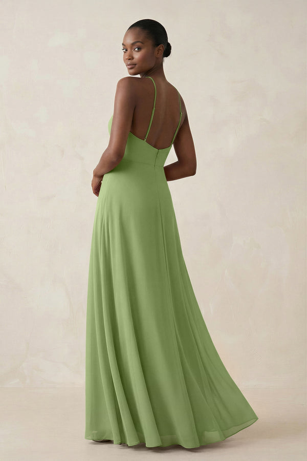 Sheath Halter Chiffon Bridesmaid Dress with Slit in Matcha - KissProm Bridesmaid Dresses