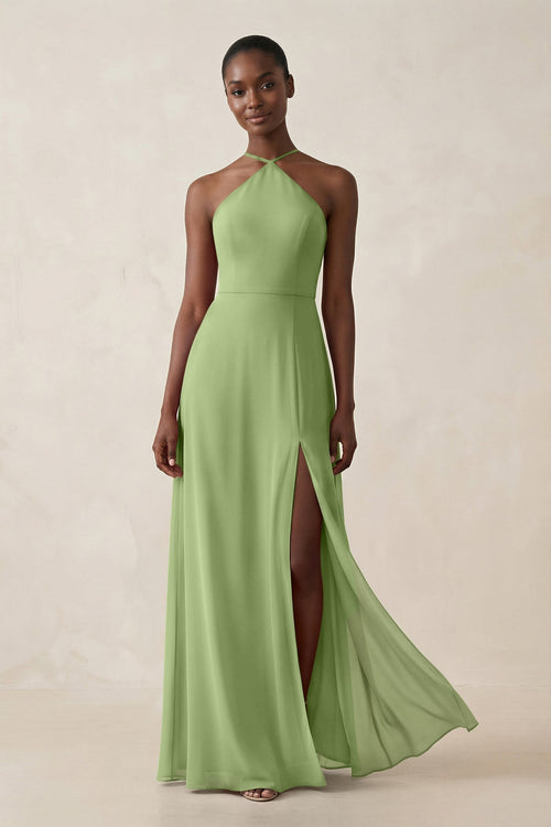 Sheath Halter Chiffon Bridesmaid Dress with Slit in Matcha - KissProm Bridesmaid Dresses